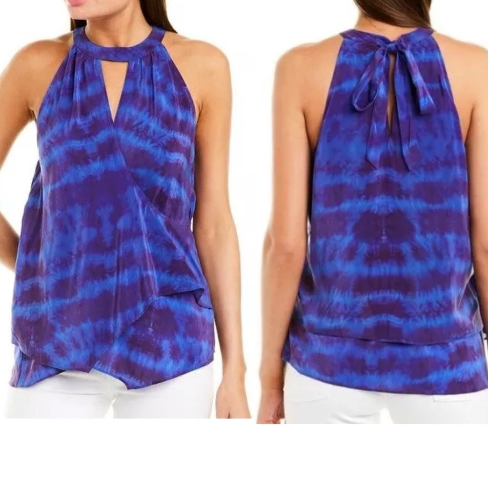 Nicole Miller Artelier Halter Tie Dye Silk Blend Drapey Top Blue Sz S